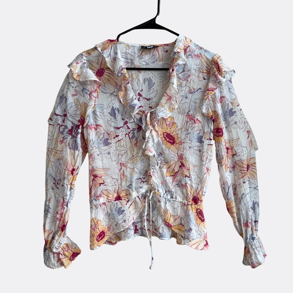 Paige Dorit Floral Ruffle Silk Blouse Cream Multi Size S Long Sleeve V-Neck - Picture 2 of 4